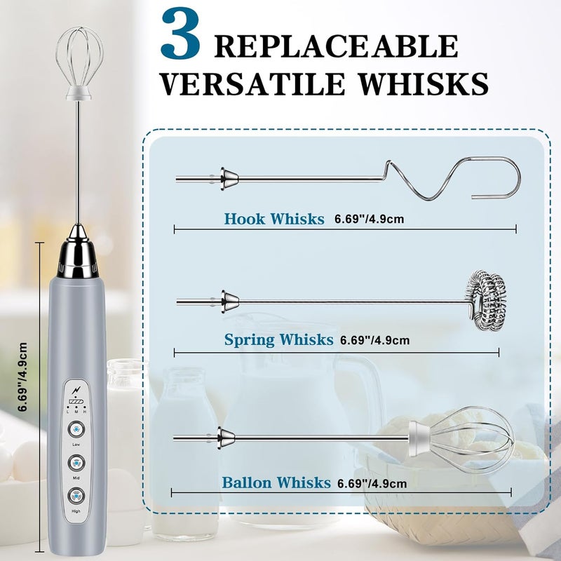 BSRGMS Milk Frother Handheld for Coffee, Electric Whisk 3 Speed Adjustable, Drink Mixer with Stainless 3 Whisks, Rechargeable Hand Frother Wand, for Latte Cappuccino Hot Chocolate Egg Cement Gray - Image 2